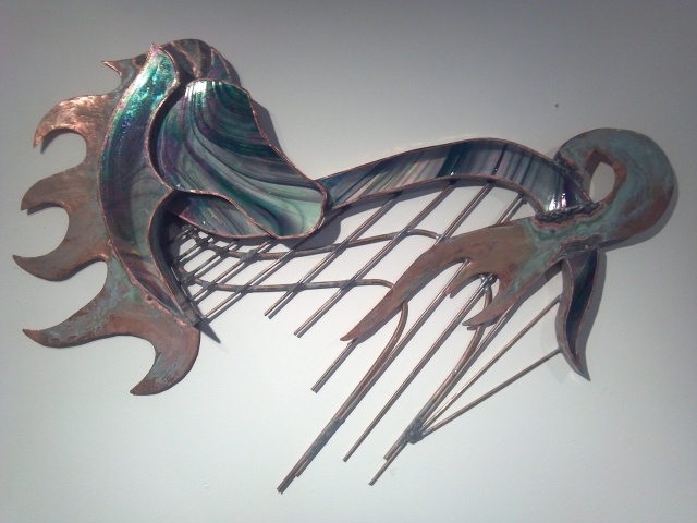 "BEAUTY" 3-D WALL HANGING, GLASS/COPPER $495.00 SOLD-CAN BE RECREATED BLACK OR W