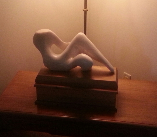 "RECLINING TORSO" ALABASTER ON HAND MADE WOODEN BASE, SOLD